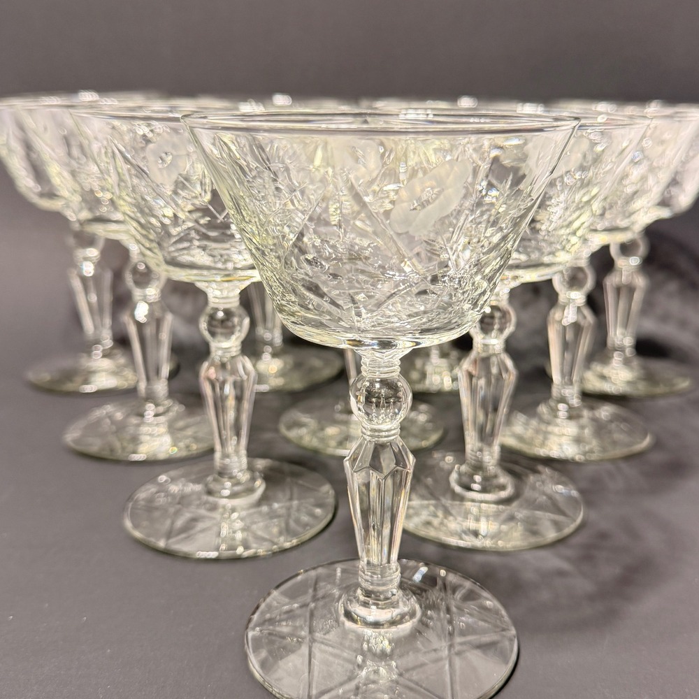Set of 10 Vintage Libbey Rock Sharpe Crystal Cocktail Glasses Etched Floral MCM